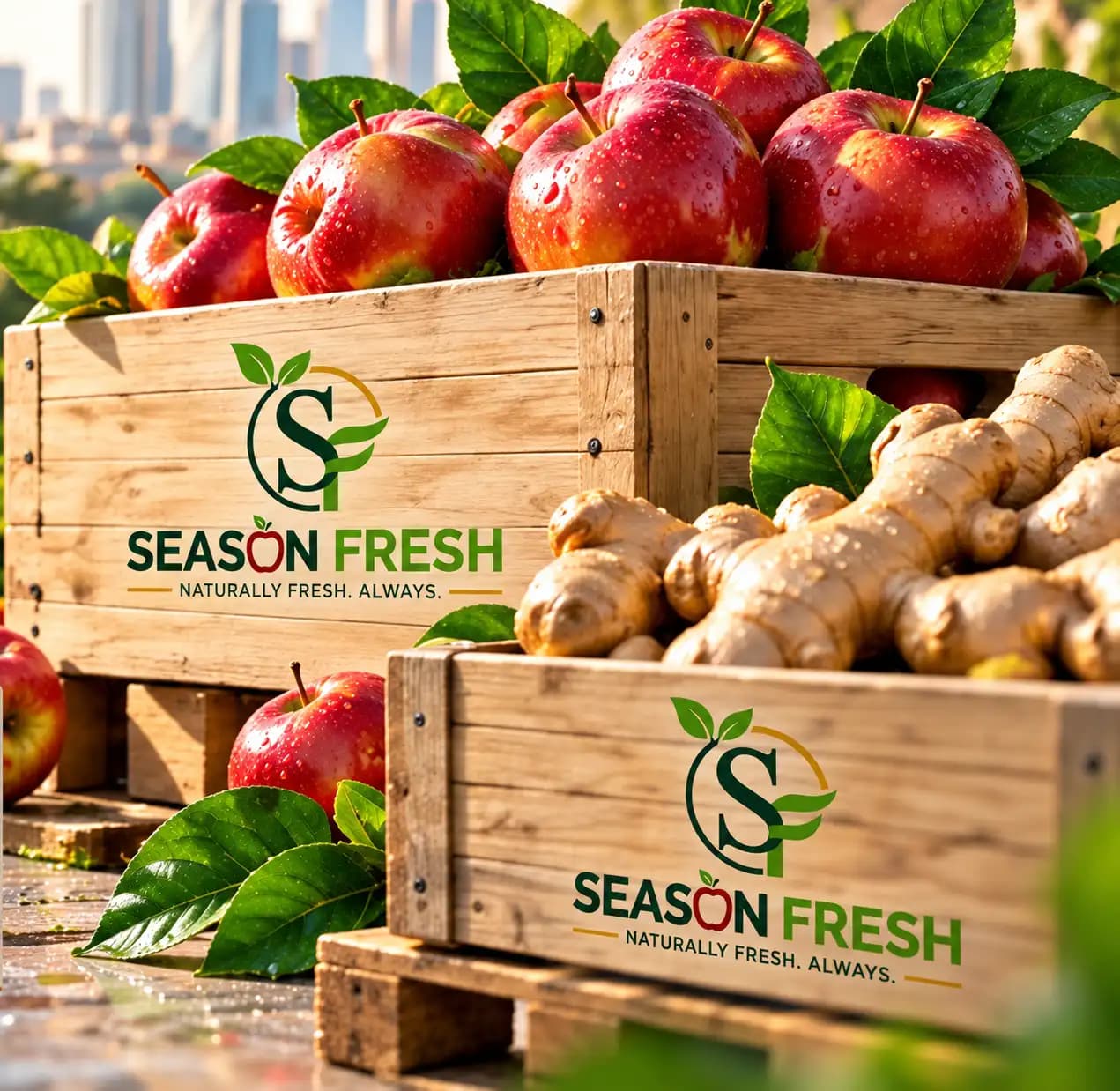 Season Fresh crates of apples and ginger