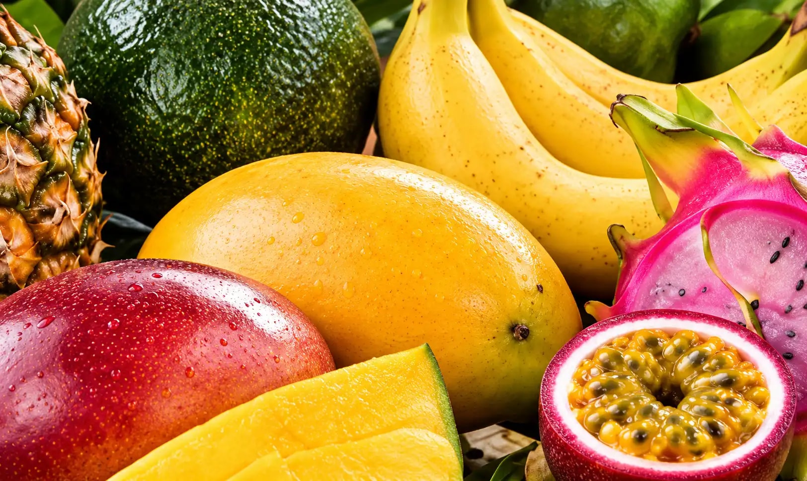 Mango, banana, pineapple, passion fruit, and dragon fruit