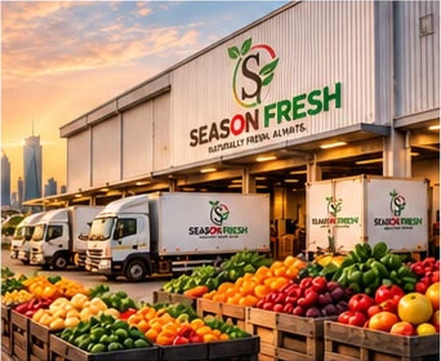 Season Fresh warehouse with delivery trucks and crates of fresh produce