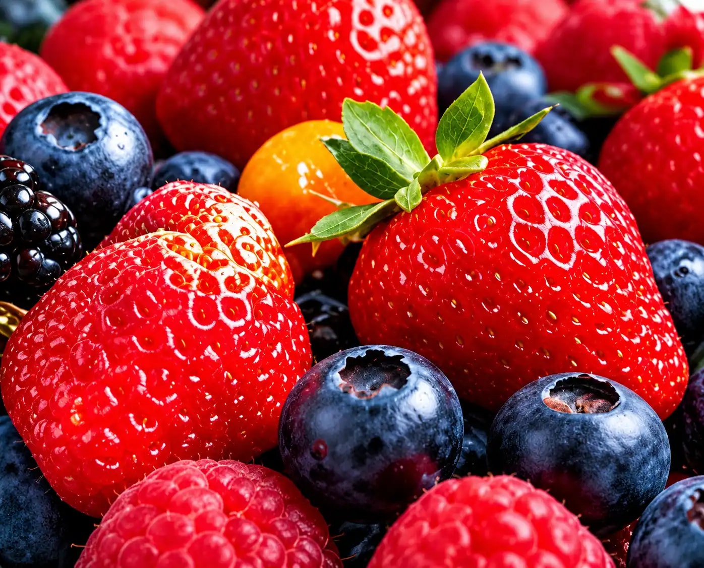 A close view of strawberries, blueberries, raspberries and blackberries