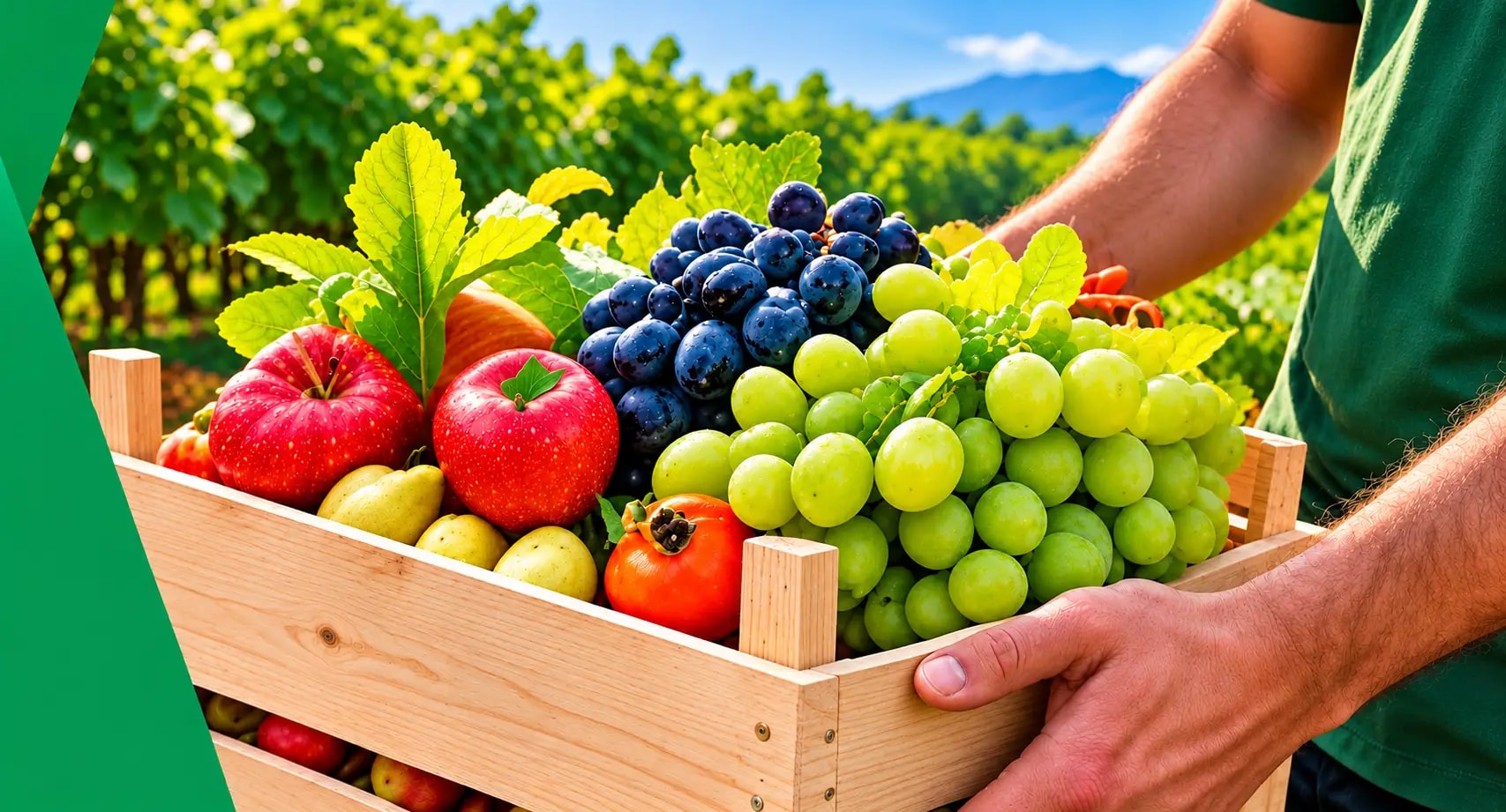 A crate of grapes, apples, and mixed produce in a sunlit orchard