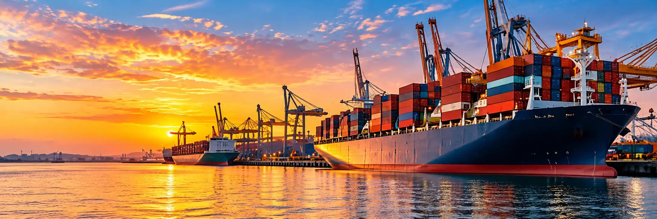 A container ship at a sunset port