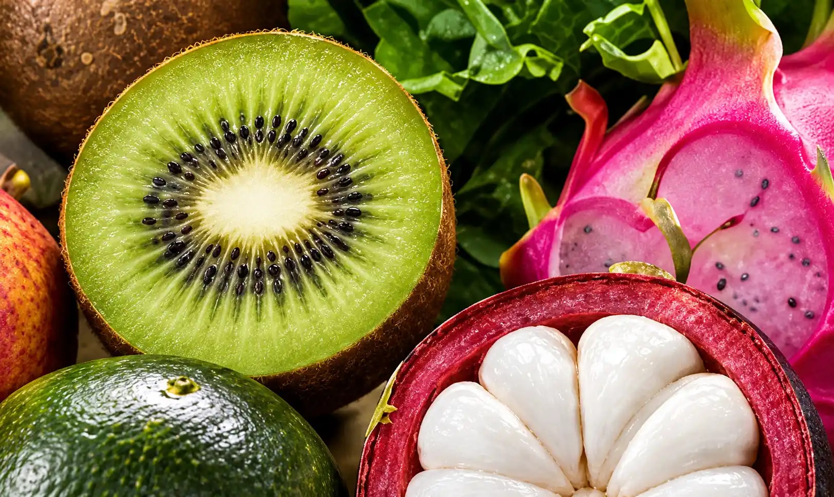 Kiwi, dragon fruit, mangosteen, and other exotic fruit
