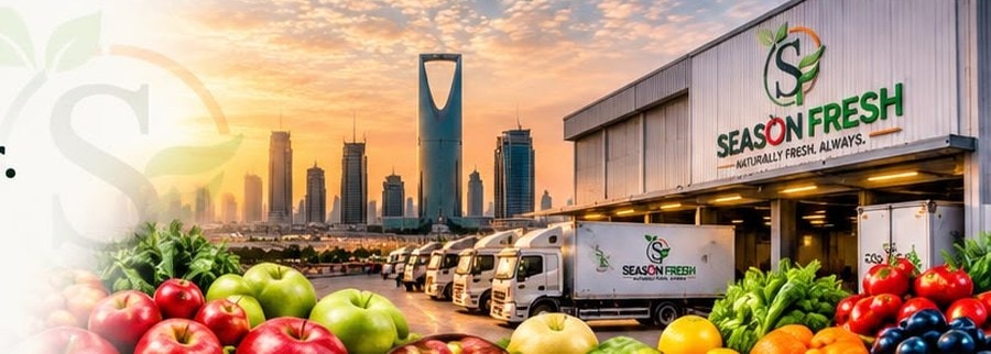 Season Fresh trucks at the Riyadh warehouse, with the skyline behind and fresh produce in front