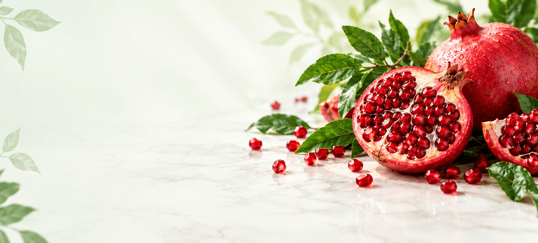 Cut pomegranates and leaves on white marble